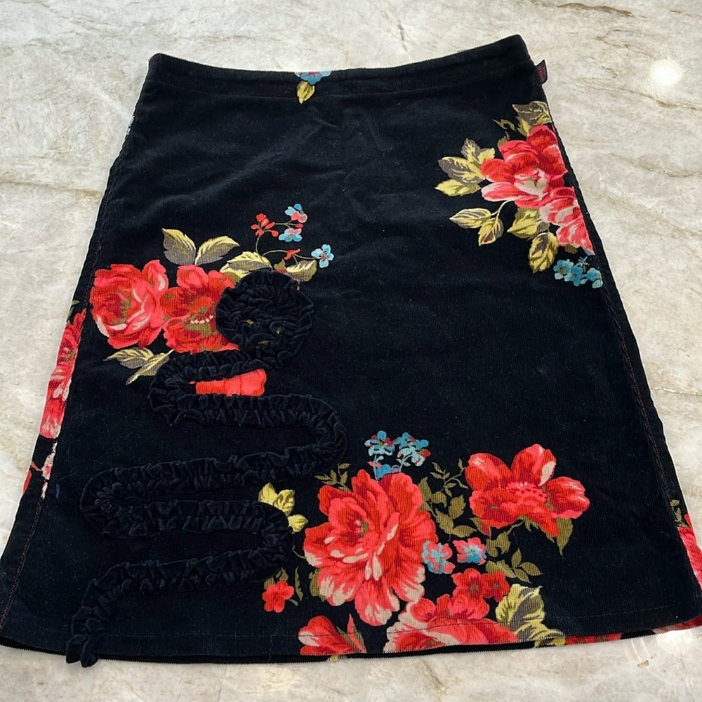 VINTAGE Kookai | Corduroy A-Line Skirt | Black & Red Floral | Women's Size 8